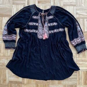 Free People Wind Willow Boho Peasant Mini Dress Embroidered L